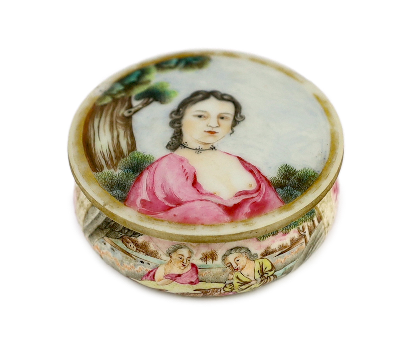 A Chinese famille rose European erotic subject snuff box and cover, Qianlong period, metal mounts lacking, crazed glaze to base